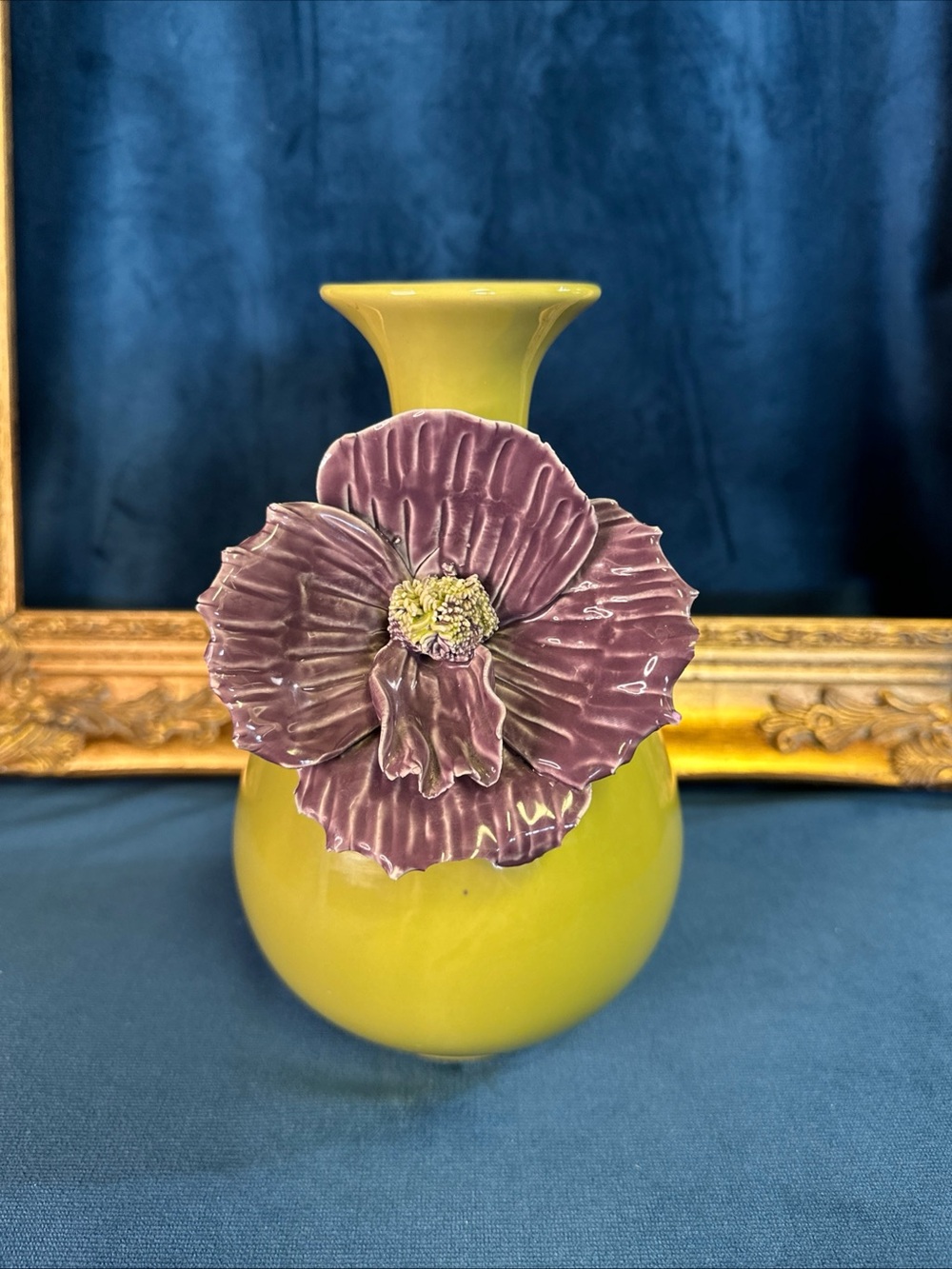 Anthropologie Vase Rose Of Sharon Ceramic Olive Green With Purple Flower 9”